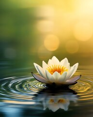 A beautiful water lily gracefully floats on a tranquil pond under soft golden light.