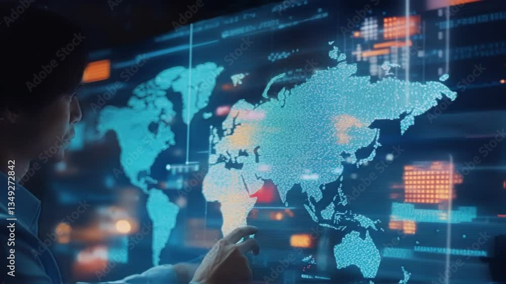 Poster businessman pointing at interactive digital world map analyzing global market data, visualizing inte