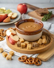 A delicious caramel fondue served with apple slices, pretzels, and brown sugar cubes on a wooden platter.