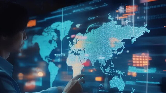 Businessman pointing at interactive digital world map analyzing global market data, visualizing international business connections and economic trends in a futuristic control room