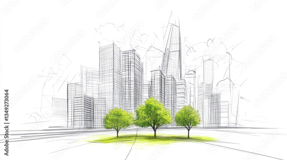 Poster urban skyline sketch with trees in foreground and clouds above