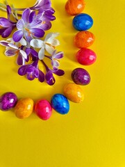 Easter, Easter card, business card, invitation card, colorful eggs, spring flowers, yellow background, spring holiday, crocuses., egg, food, fresh, flower