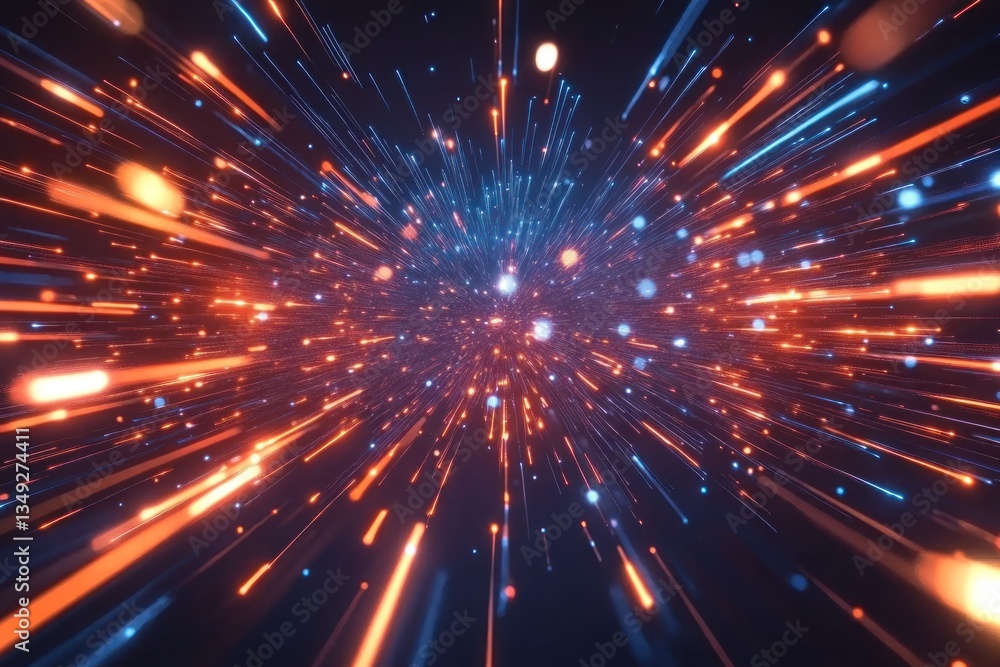 Poster vibrant explosion of colorful light particles in a dynamic background
