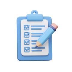 3D Illustration of a Light Blue Checklist Clipboard with a Pencil