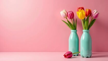 Creative composition featuring plastic bottle vases filled with beautiful tulip flowers, contemporary, innovative, spring