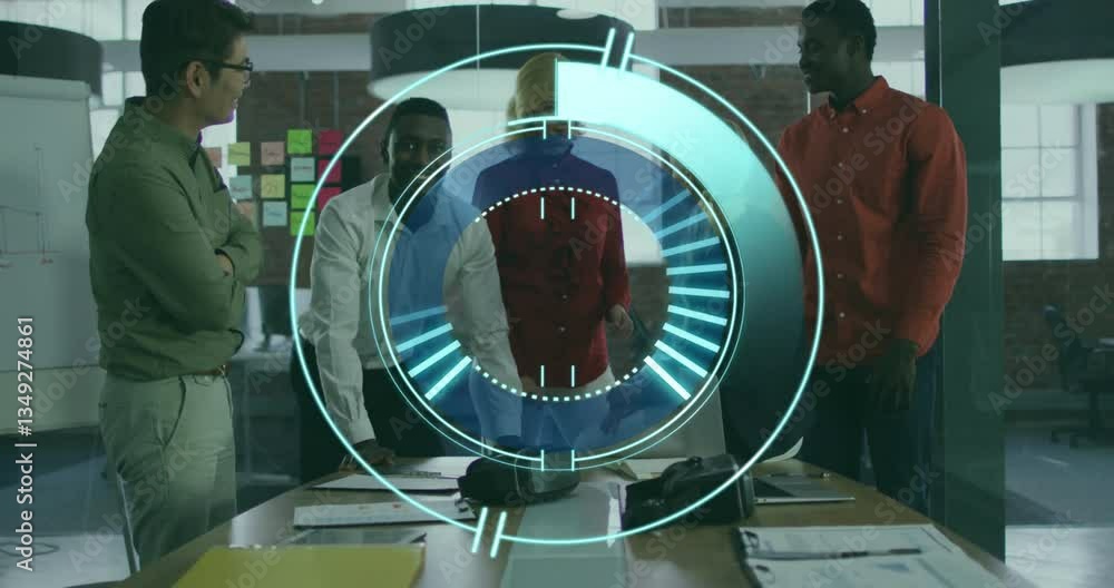 Poster Collaborating in office, diverse team using animation with digital interface display