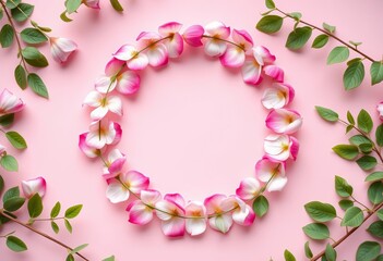 Obraz premium Delicate round frame crafted from pastel pink petals and green leaves on a soft pink backdrop, pretty frame, round frame