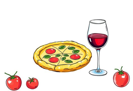 Hand-drawn crayon style illustrations of a pizza and wine glass, ideal for Italian restaurant menus or party invitations, cheese, white