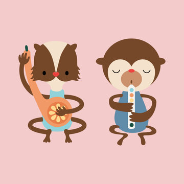 Playful Monkey and Squirrel Characters with Musical Instruments Illustration