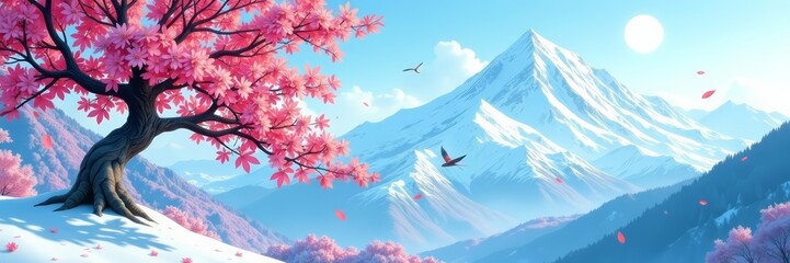 Scenic view of snow covered mountain ash tree with colorful bird against blue sky backdrop, natural, snowflakes, peaceful