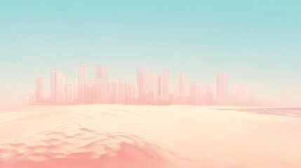 Desert city skyline, hazy sunrise, sand dunes, futuristic architecture, website banner