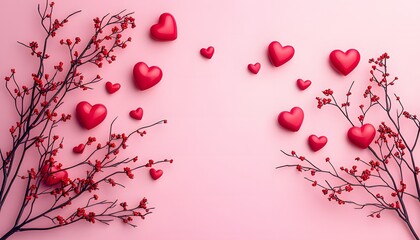 A pink backdrop featuring red heart-shaped decorations, some adorning branches while others are scattered, setting a romantic Valentine's Day mood.