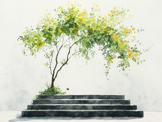 Obraz premium serene watercolor painting of tree with vibrant green leaves, standing stone podium, evoking sense of tranquility and nature