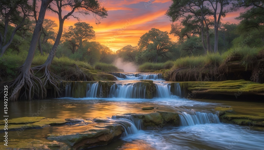 Poster serene view of cascading waterfalls surrounded by lush greenery at sunset, creating a tranquil atmos