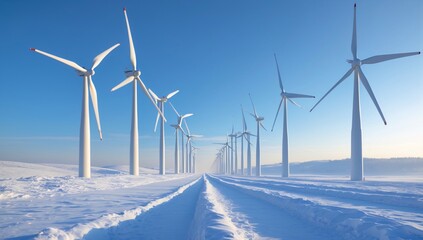 A serene winter landscape featuring a row of wind turbines against a clear blue sky.