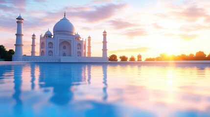 Obraz premium A stunning view of the Taj Mahal at sunset, reflecting in calm waters, showcasing its architectural beauty and serene atmosphere.