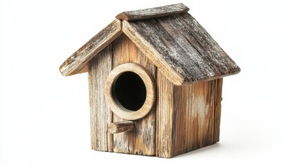 Rustic wooden birdhouse isolated on white background.