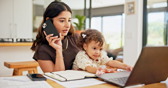 Laptop, multitask or phone call with mother and baby in home for development of small business. Computer, remote work or talking with single parent and child in apartment for freelance or startup