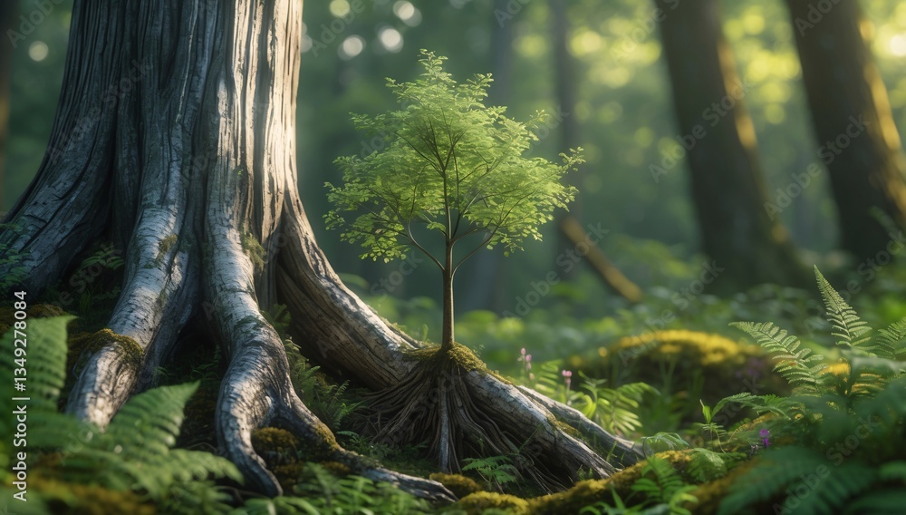 Aufkleber a small, delicate sapling emerges from the roots of a large tree in a serene forest setting.