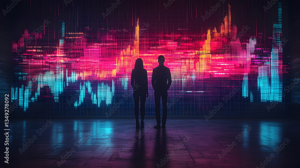 Poster silhouetted figures in front of vibrant digital art display