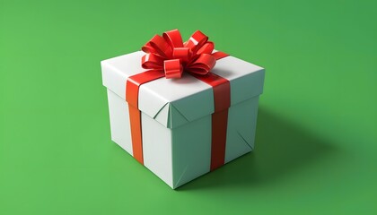 Obraz premium A white gift box with a red ribbon bow on a green background long title A neatly wrapped white