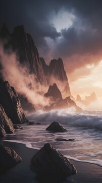 Klippen und Berge am Meer mit Nebel 