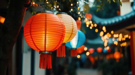 Street decorations with lanterns and fairy lights for a cultural event