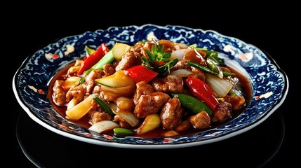 Vibrant plate of stir-fried chicken with vegetables and sauce, set against a dark background highlighting colors