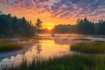 Obraz premium Beautiful sunrise over the marsh in northern New Hampshire .