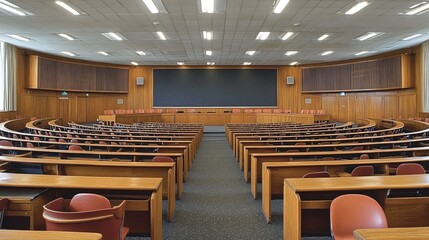 Spacious Empty Lecture Hall with Rows of Desks and Chalkboard