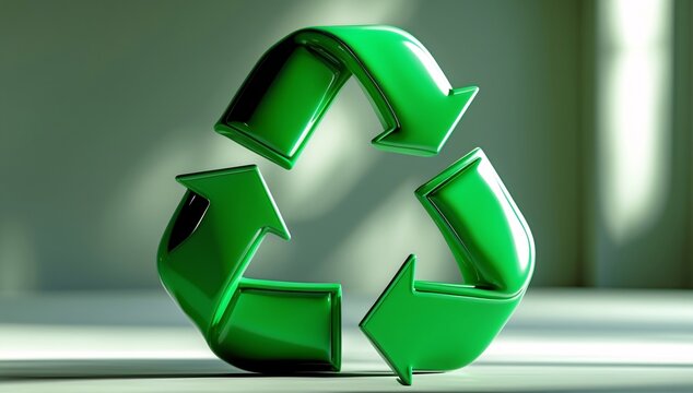 A glossy green recycling symbol made of three curved arrows, symbolizing sustainability and environmental awareness.