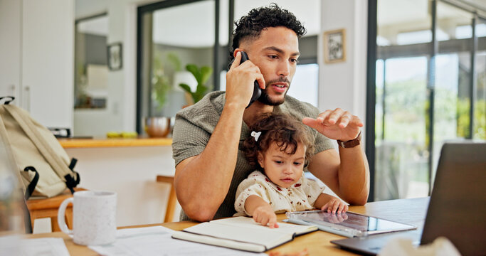 Talking, baby or dad with phone call or laptop for remote work, freelance or business in home. Online, single parent or father juggling parenting task for project deadline, planning or multitasking