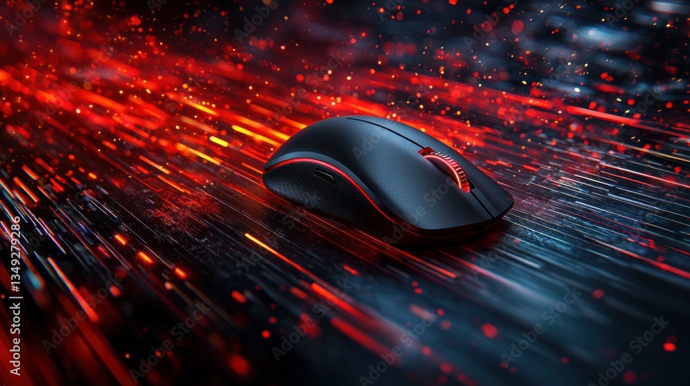 Poster sleek wireless gaming mouse highlighted by dynamic red light trails background