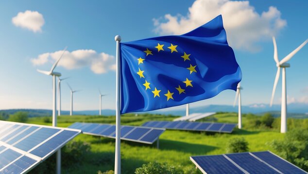 European Union flag waving amidst a backdrop of wind turbines and solar panels under a clear blue sky.