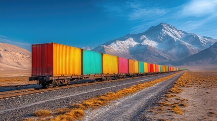 Obraz premium A freight train hauling colorful containers along a desert landscape, with a clear blue sky stretching endlessly above