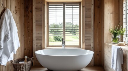 A cozy bathroom featuring a round soaking tub set against a wooden backdrop