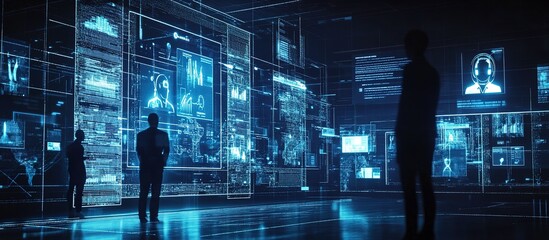 Silhouetted people observe data displayed across futuristic holographic screens