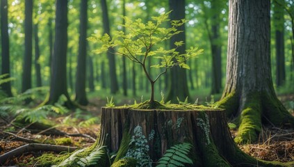 A resilient sapling grows atop a moss-covered tree stump in a serene forest, symbolizing new beginnings and nature's beauty.