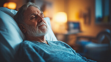 A man is sleeping in bed with a light on in the background