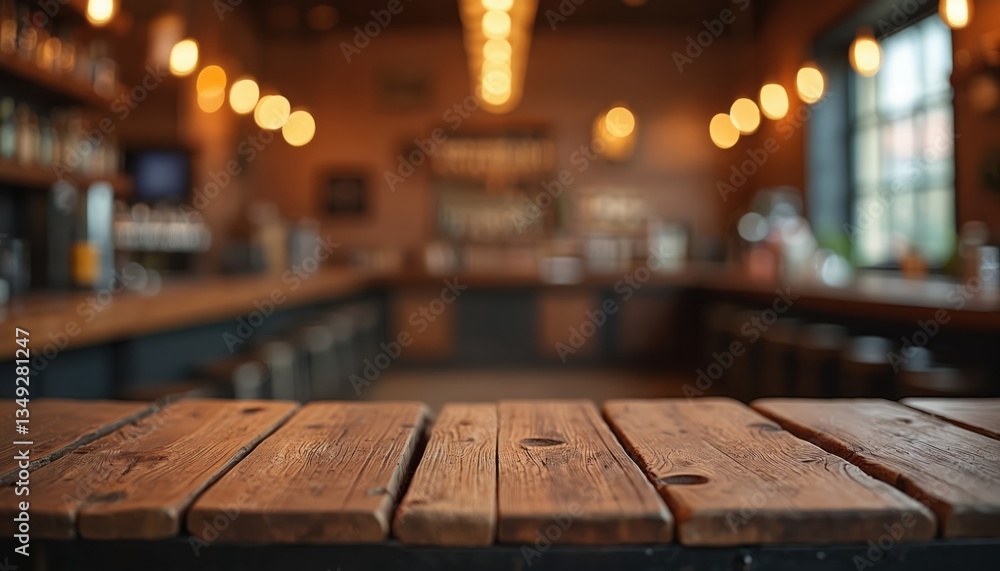 Poster empty rustic wooden table against blurred bar pub interior background. perfect for product display, 
