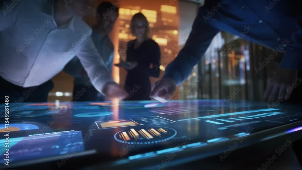 Poster business team working late at night analyzing financial data on a futuristic interactive touchscreen