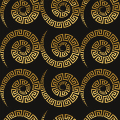 Seamless exquisite luxury pattern of golden spiral meander on black background. Oriental style for typography, printing on fabric, curtains, scarves and stoles clothes and interior