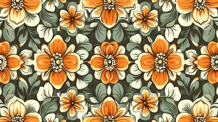 A vintage floral pattern showcasing a symmetrical array of stylized flowers in orange, green, and white, evoking a retro vibe.