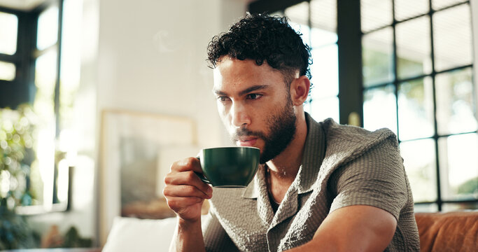 Calm, drinking and coffee with man on sofa in lounge for aroma, relax and caffeine beverage. Inspiration, espresso and morning with person in living room at home for latte cup, cappuccino and break
