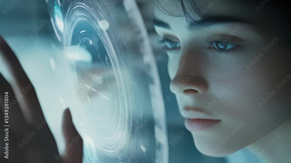 Poster young businesswoman interacting with a futuristic holographic interface, exploring complex data visu