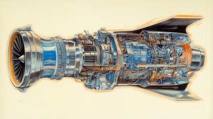 A detailed cutaway of a jet engine showing the complex gear-driven turbine system