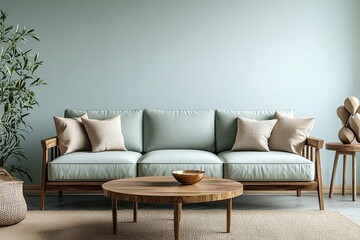 Minimalist Interior Living room, interior photo of a residential living room with light mint-lined walls and a sofa and coffee table. Generative AI
