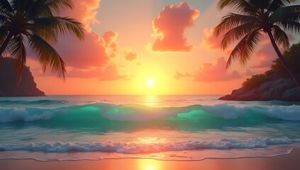 Obraz premium Ultra-realistic artwork of a radiant sunset over a stunning landscape, vibrant colors, cinematic framing, and dreamy atmosphere. AI-Generated.