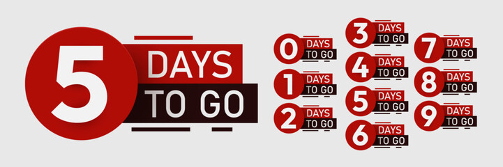 Countdown left days banner. Discounts and sale time. Nine, eight, seven, six, five, four, three, two, one, zero days left.