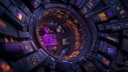 A futuristic, immersive tunnel filled with vibrant neon lights and intricate panels, representing advanced technology and innovation in a digital landscape.